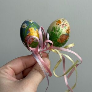2 Vintage Easter Egg Basket Picks Bows Bunny Chicks Design